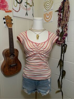 Striped Pink & Cream Ruched Cap Sleeve Top